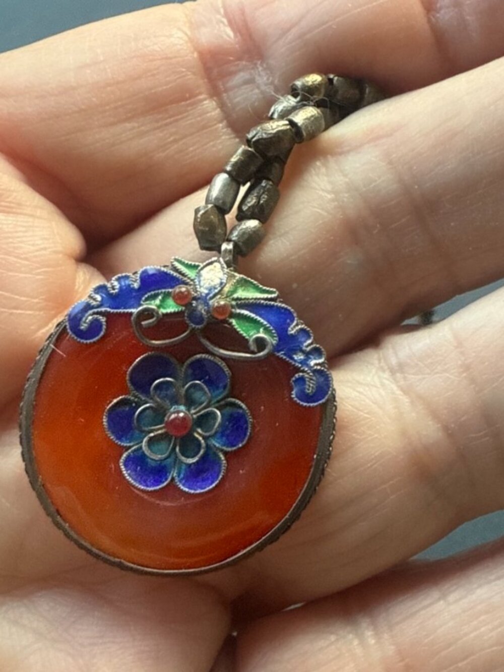 Vintage Chinese Cloisonne Enamel Lapis Barrel Beads Carnelian Pendant